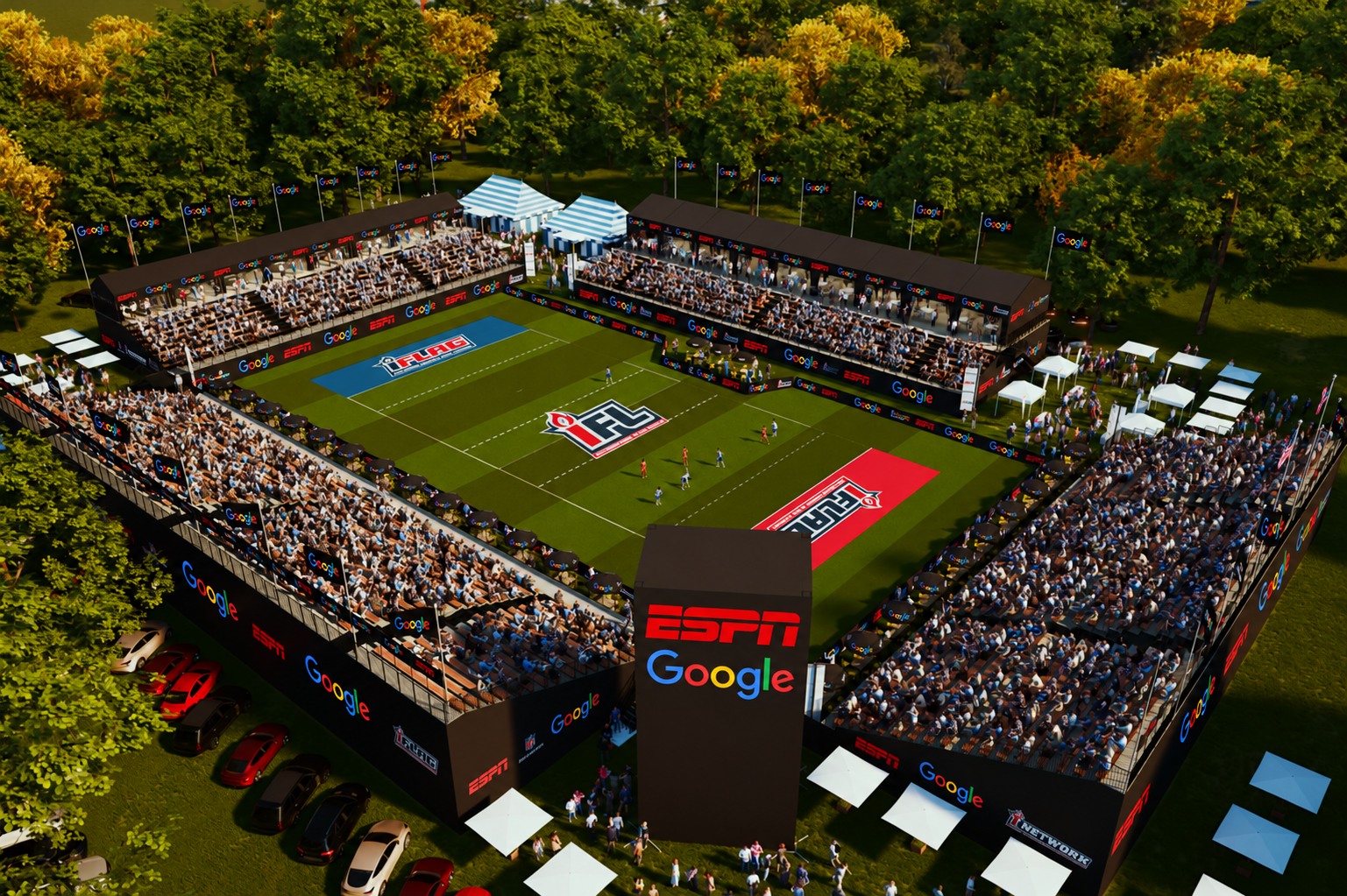 Aerial concept of the Google-branded Flag World Cup broadcast stadium